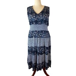 Patchwork Sundress Floral Print Maxi V-Neck Smocked Waist Sleeveless Navy XL